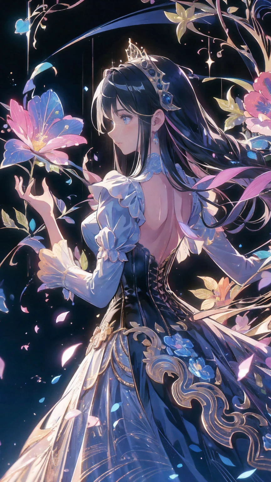 1girl, masterpiece, extremly detailed, ((Cinematic lighting)), (glowing), ((dramatic lighting)), ((beautiful detailed glow)), intricate detail, lens flare, multicolored hair, rainbow hair, long hair, colorful dress, butterfly hair ornament, butterflies, light particles, Arms behind back, large breasts, [curvy], cowboy shot, light smile, green eyes, church, stained glass, spotlight, dark background, floating hair, floating hair