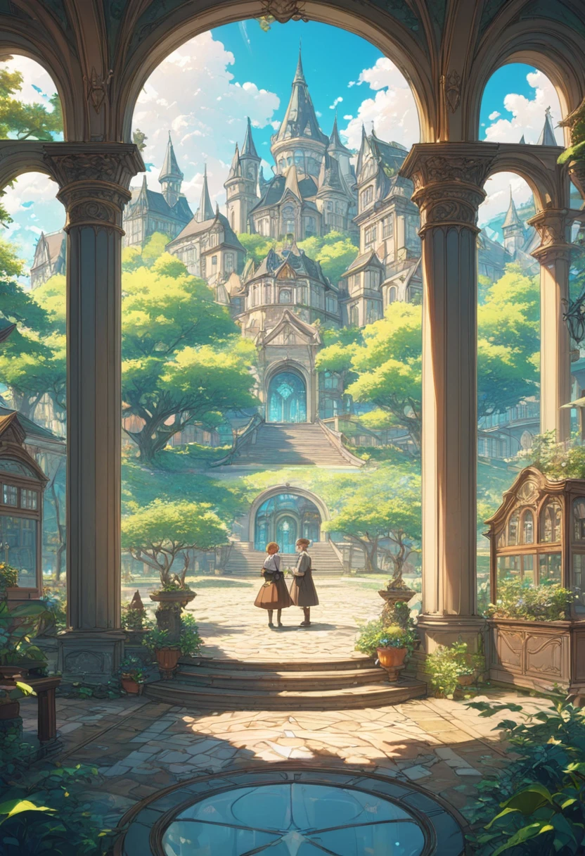 beautiful, Depth , masterpiece, 8k,  ultra high definition, High quality 상세정보,  premium quality,  high res, High quality, Ultra Detailed , masterpiece, 8k,  animation coloring, Magic School, Natural Environment ,  Old-fashioned School, Fantasy, Various students , few people, Plaza 