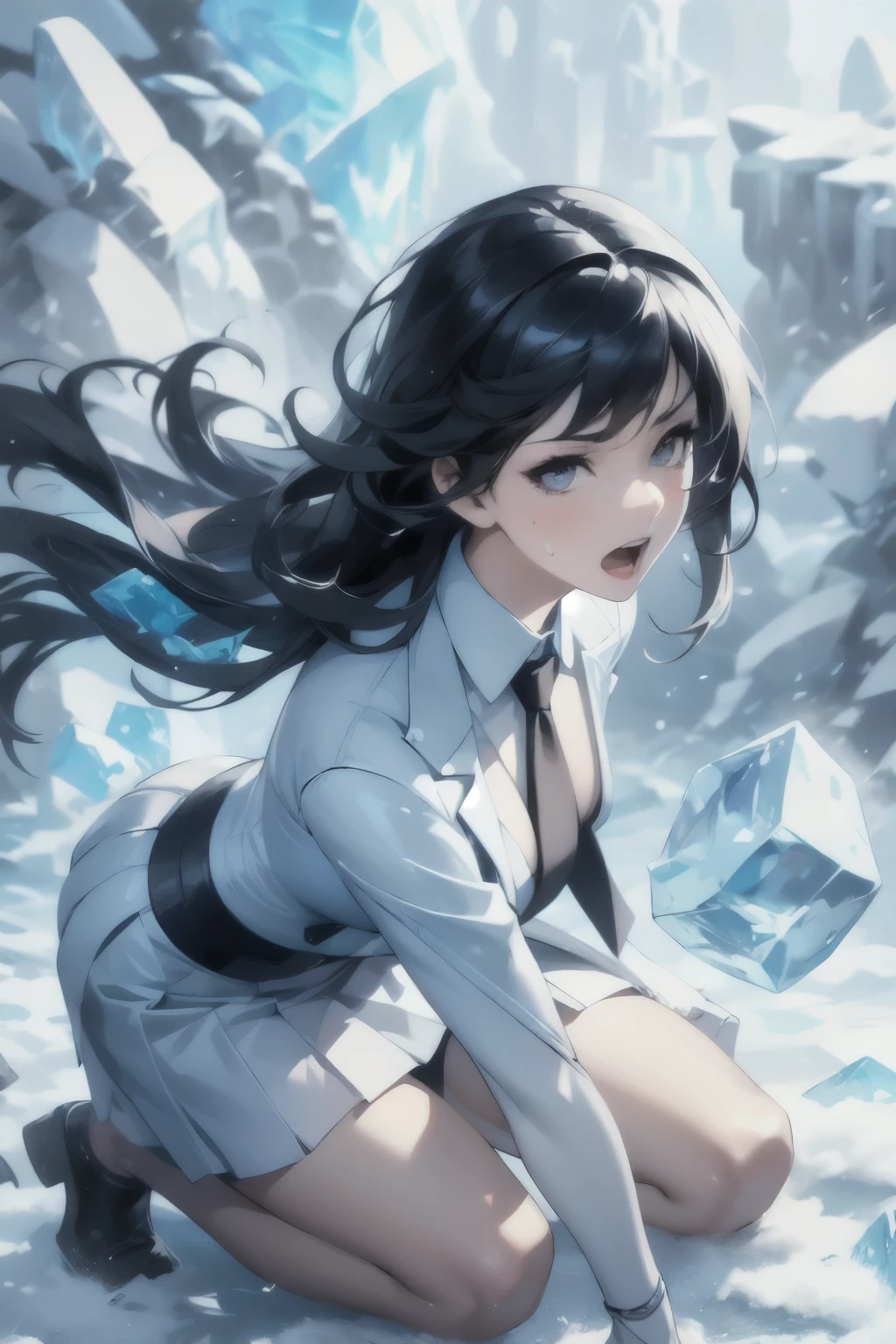 (highest quality:1.2), a 14-years-old girl is kneeling, making ice barrage by psychic power, being injured, decisive expression, suffering face, side view, a photorealistic cute girl, beautiful face, European face, noble face, painful face, open eyes, beautiful lip,open mouth to shout, long black hair, full body portrait, wearing white business suits, wearing black neck-tie, wearing white skirt.