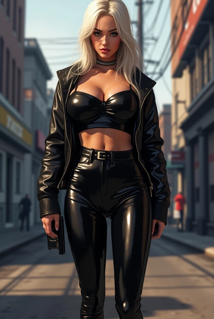 beautiful girl, ((chin: 1.4)), (confident gaze: 1.1), full body, long bright neon streaked blonde hair, ((realistic, highly detailed eyes: 1.4)), ((seductive pose : 1.2)), (full breasts: 1.2) black eyeshadow , (street style wear: 1.2), ((skinny leather pants)), ((knee-high leather boots)), ((dark, dead city street background: 1,4)), dark makeup, digital art, trendy artstation, highly detailed, fine details, intricate, detailed facial features, sharp focus, smooth, aesthetic futuristic, cyberpunk, sci - fi city street night