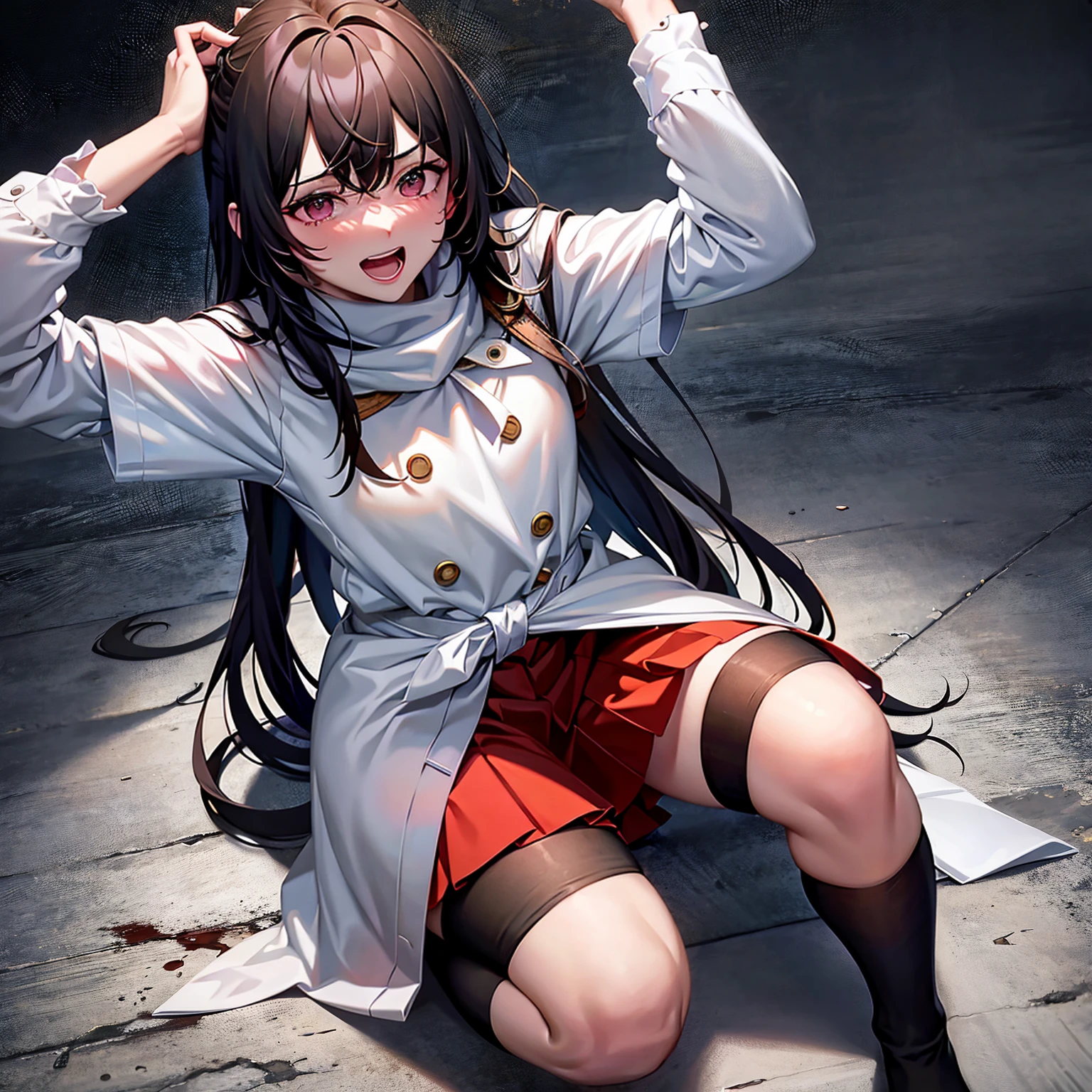 "(best quality,4k,highres:1.2),vivid colors,ultra-detailed,comic style,portrait,front view,angry,sad,desperate expression,blood stains on face and body,teary eyes,blood splatter on the wall,circular spotlight on the wall,gray fluffy hair down to waist,crouching, Knees inward and together, wearing a dark gray coat, white sailor uniform, red cloth triangle scarf, black stockings"