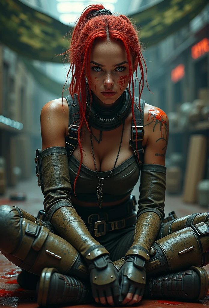  Beautiful hyperrealistic photo of a cute young Swedish woman with runic tattoos, ((dirty face,  blood-splattered )), ((( wearing full heavy mechanical armor , Combat harness,  neon highlights ))) Short red dreadlocks, (((sitting in a chair pose ))),  interior of a military facility background , Camouflage Net,  Ammunition boxes abstract beauty , Almost perfect, Pure Form, golden ratio, concept art,  Brian Froud and Carne Griffiths and Vadim Kashin ,  Complex Details , post production 8k,  high definition, super detail,  trends on ArtStation ,  clear focus ,  studio photos ,  Complex Details ,  very detailed ,  Greg Rutkowski 