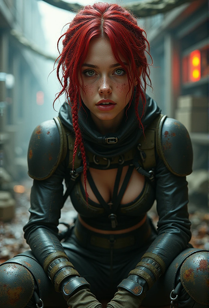  Beautiful hyperrealistic photo of a cute young Swedish woman with runic tattoos, ((dirty face,  blood-splattered )), ((( wearing full heavy mechanical armor , Combat harness,  neon highlights ))) Short red dreadlocks, (((sitting in a chair pose ))),  interior of a military facility background , Camouflage Net,  Ammunition boxes abstract beauty , Almost perfect, Pure Form, golden ratio, concept art,  Brian Froud and Carne Griffiths and Vadim Kashin ,  Complex Details , post production 8k,  high definition, super detail,  trends on ArtStation ,  clear focus ,  studio photos ,  Complex Details ,  very detailed ,  Greg Rutkowski 