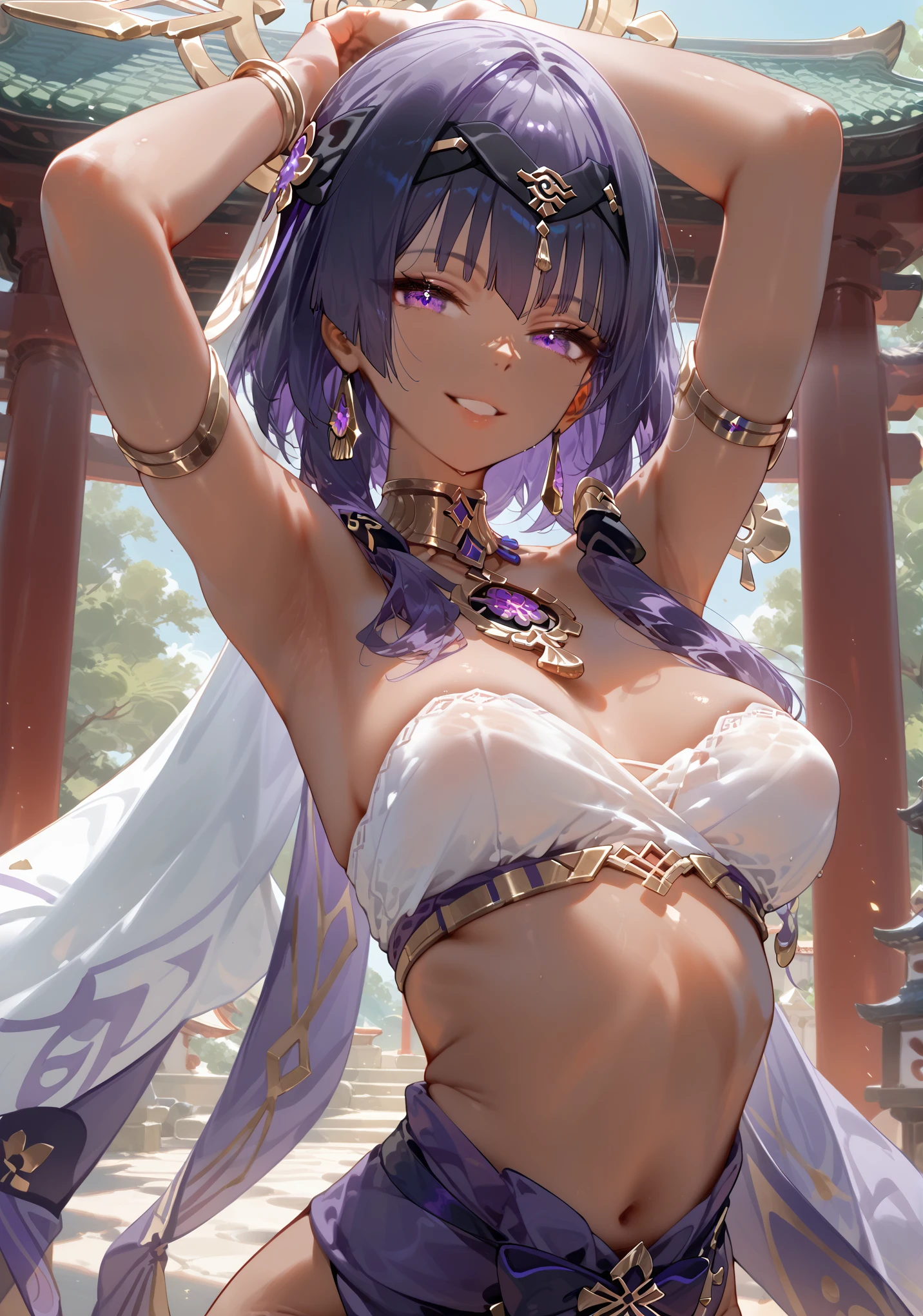 masterpiece, 8k, high resolution, shrine, semi-realistic, 1 girl, portrait 3:4, (high detailed face), dancing, smile, looking at viewer, dynamic, medium breasts, sexy, perfect body, perfect legs, Candace (genshin_impact), genshin_impact, puffy breasts, hot,