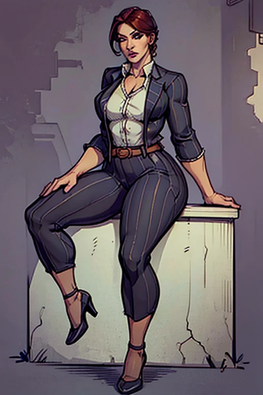 Digital art, highly detailed, reference sheet, sexy sitting pose, legs spread apart, mature woman, adult female, super curvy figure, whole body, form-fitting, Jane Romero (Dead by Daylight) inspired costume, pinstriped blazer, blouse, belt, pinstriped baggy pants that end above the ankle, belt, flat heels, 1woman, solo, upper body, lower body, ((Extremely Detailed)), ((Best Quality)), ((Masterpiece)), ((4k)).
