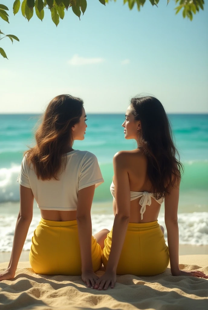 A group of people on the beach from the back rear view modern environment, these people are sitting on the sand with their backs looking at the sea waves, best hd finish, no one in the water, bright sunlight, people's perfect skin, intricate details , there are two men and two women