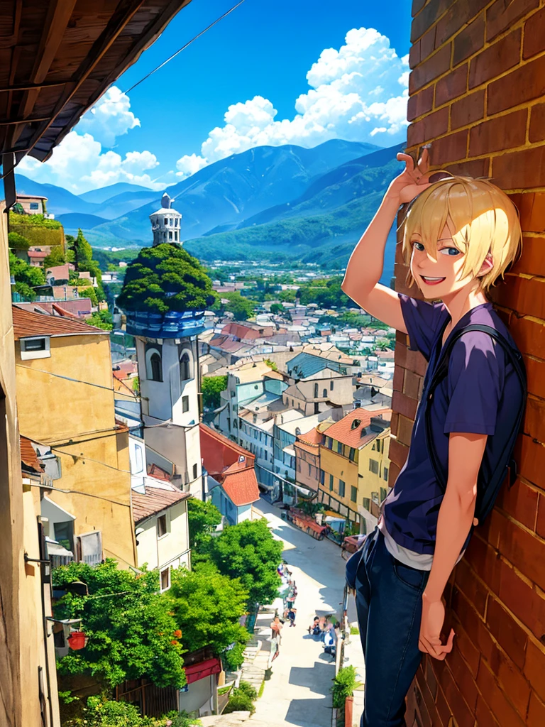 young blond man, short hair, casual travel outfit, light backpack, smiling, comic style, vibrant colors, bold lines, dynamic shading, scenic location, mountains or marketplace background, bright sunny day, adventurous expression, sense of wonder, love for travel, exploring new places