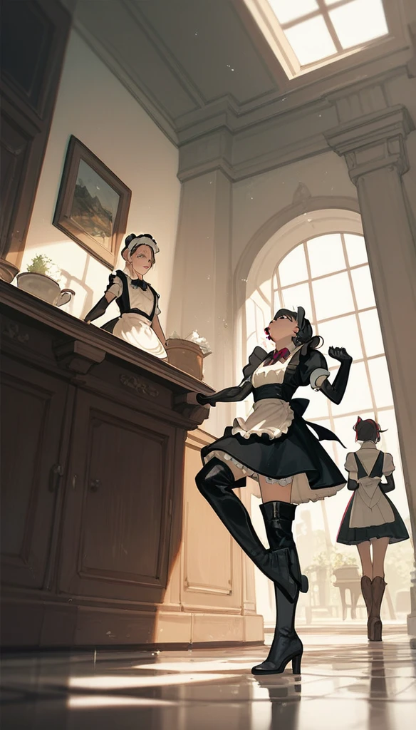 Anime Women, Maid, thigh boots, elbow gloves, raised leg, Stomping of feet on throat, Stomping of feet on neck, looking down, throw