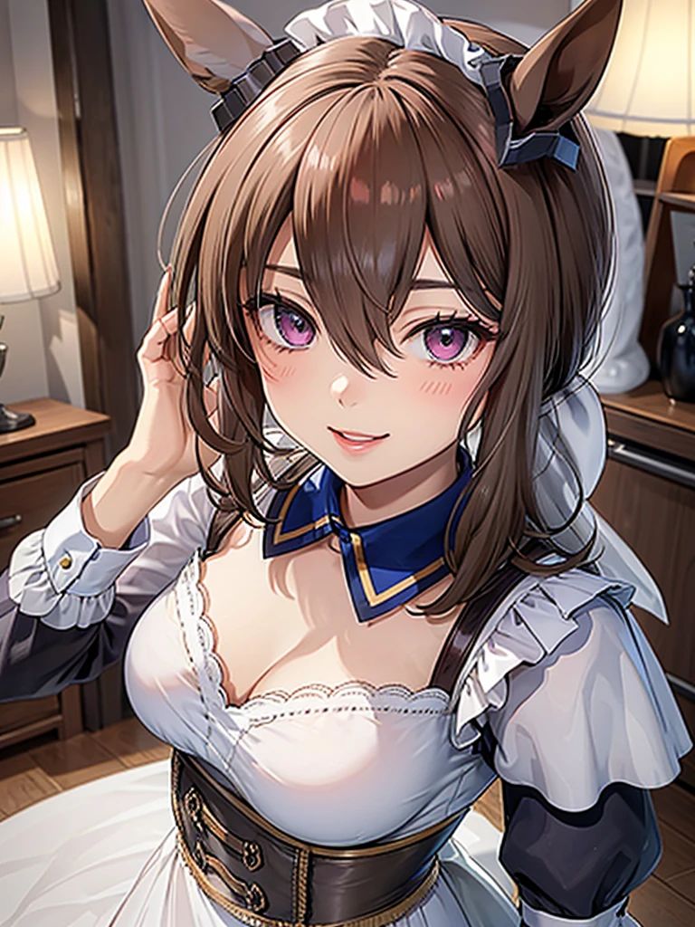  High Quality、Super detailed、 I'm very careful about every detail、 perfect anatomy、 perfect human body structure、Captivating Eyes、Seductive lips、Ruby Lip、 RAW Photos、Admire Vega、horse ear、 Wears Maid Clothes、smile、blush、Maid Cafe