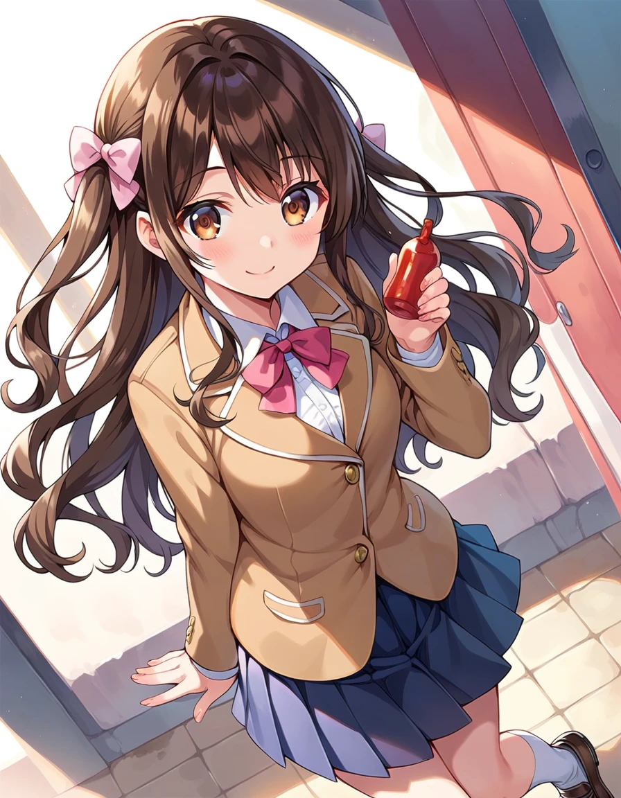  score_9,  score_8_up,  score_7_up, sauce_Anime,
 1 girl, Alone, smile, Joy, 
 , Long Hair, Brown Hair,  wavy hair in front of the station,  half updo,  hair bow,  Brown Eyes ,  Medium Chest , 
 school uniform, blazers,   brown jacket, pink neck ribbon ,  pleated skirt , レッド pleated skirt , kneehighs,  holding white socks ,  Loafers,
 detail eyes,   Eye Reflection  ,