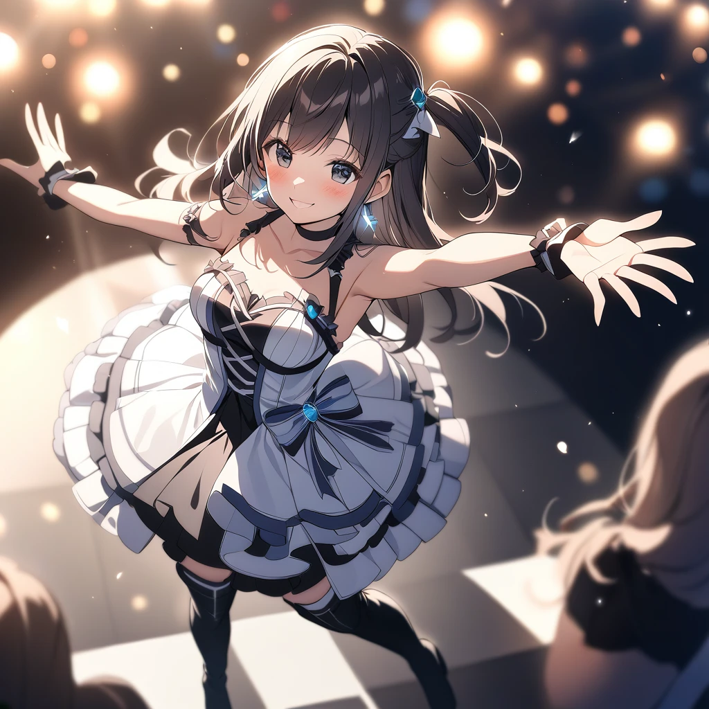 [high quality, best quality], cinematic, from above, wide shot, 1girl, solo, nagase mana, one side up, idol costume, black choker, feather earrings, thigh boots, standing, on stage, outstretched arms, singing, smile, blush, depth of field, bokeh, bloom, hdr, 