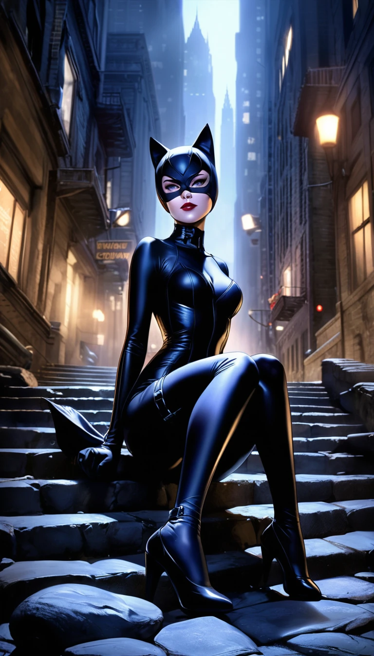 (ohwx), dc's catwoman sitting on stone steps of gotham city, dark night, ambient light, realistic, Catwoman2012-1024