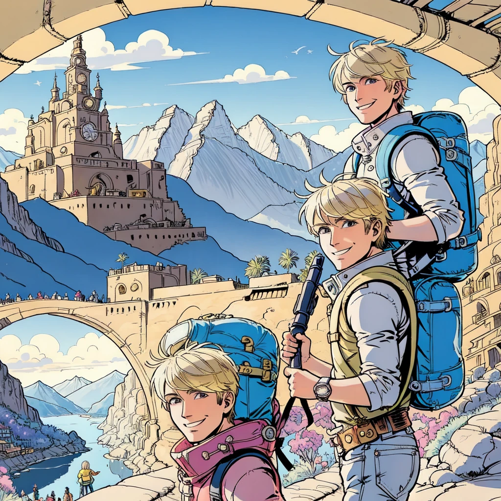 young blond man, short hair, casual travel outfit, light backpack, smiling, comic style, vibrant colors, bold lines, dynamic shading, scenic location, mountains or marketplace background, bright sunny day, adventurous expression, sense of wonder, love for travel, exploring new places
