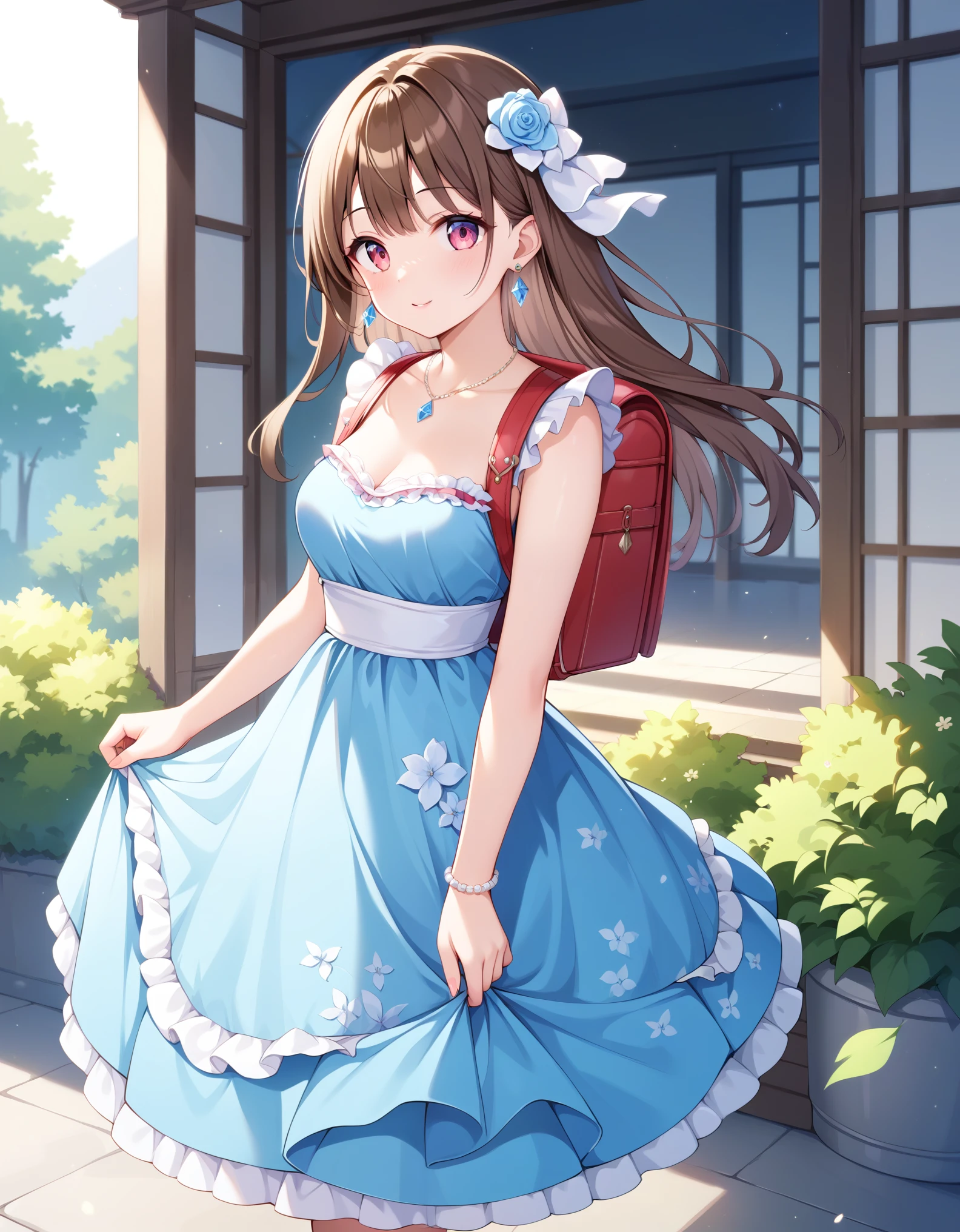 Masterpiece, hd, best quality, there is a girl standing in a blue dress, wearing pink floral chiton, beautiful pink , brown hair, wearing a pink dress, dressed in a blue dress, small  girl, Traditional Attire, bowtie, necklace, diamond earrings, in a fancy dress, frilly outfit, wearing beautiful clothes, wearing floral gown, cute young girl, dressed in a beautiful, wearing randoseru backpack, red backpack, standing, outdoor