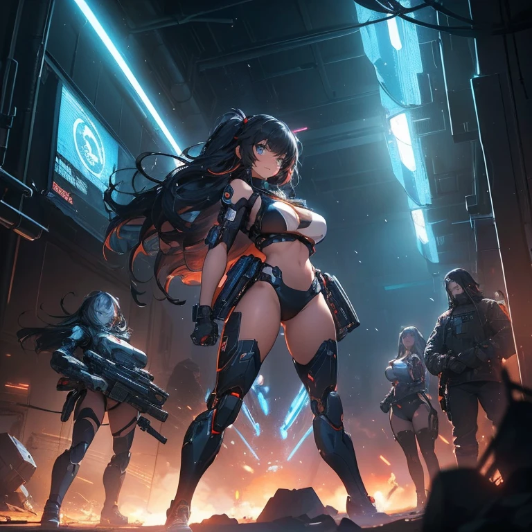 masterpiece, best quality, highres, 3girls, long hair, leggins, fitness, looking at viewer, outdoors, smile, muscular, abs, huge tits, cleavage, big butt, tanned skin, mecha suit
