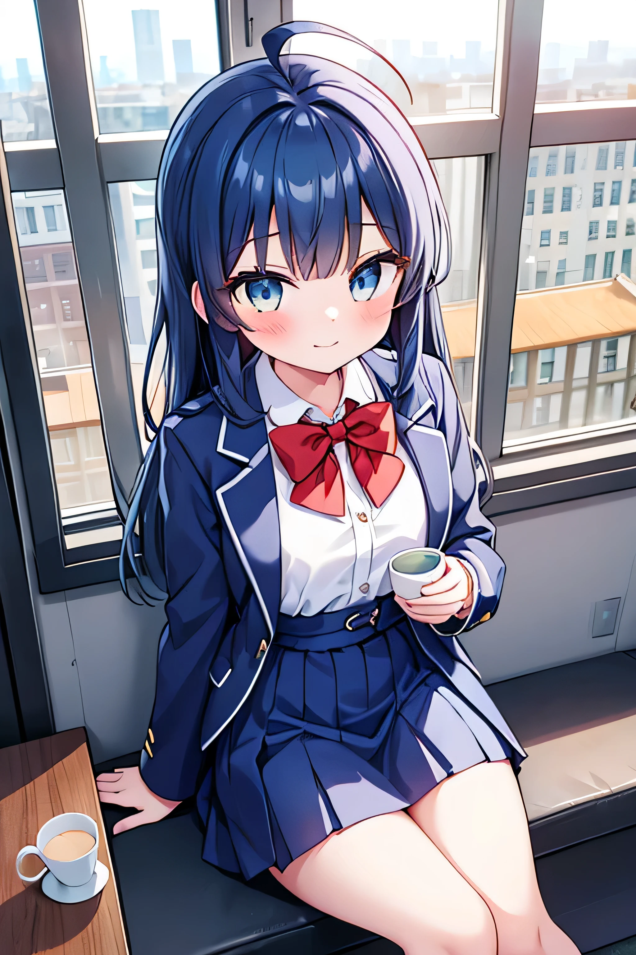  girl sits with one leg over the other while drinking tea,  girl has long dark blue hair , bangs barcode , ahoge,  amber eyes,  a white shirt , red bow tie, blue jacket, blue skirt, calm happy face, Background, spacious office, outside the Bundestag window with a view from above