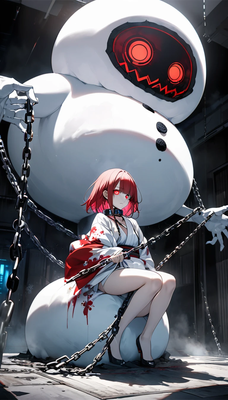 to-ka( tokyo ghoul ), ishida sui, water color, amazing, detailed glowing odd eyes, red and white clothes, half cyborg body, studio lighting, cyberpunk, young girl, white and red hair, odd eyes, killer machine, foggy atsmophere, summoning a gigantic ghostly snowman and skeleton from the ground, (straddle the gigantic ghostly snowman:1.2), Toyko Ghoul, BREAK Highest Quality, Highest Resolution, Detailed and crisp image quality, Super Retina, Adult sex appeal, melancholy, Feeling of weakness, Detailed and complex, Colorful, Transparent full color coating, Light and Dark, High Contrast, aesthetic, Full Body Shot, dynamic pose, 16K((ultra-detailed)), (humid room), (chained attaching to collar:1.2), extreme detailed, colorful, highest detailed, waki kimono odori, Swinging her chains, she goes wild, Hyakki Yagyō, depth of field