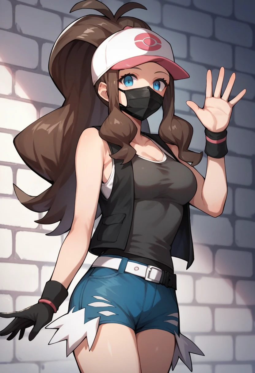 score_9, score_8_up, score_7_up, score_6_up, source_anime, 1girl, solo, ((pmpgrunt)),pokemonhilda, blue eyes, brown hair, long hair, ponytail, black beret, black mouth mask, black vest, grey bodysuit, black belt, black gloves, medium breasts, looking at viewer, (waving hand), empty eyes, mind control, happy trance, legs,cowboy shot,brick wall