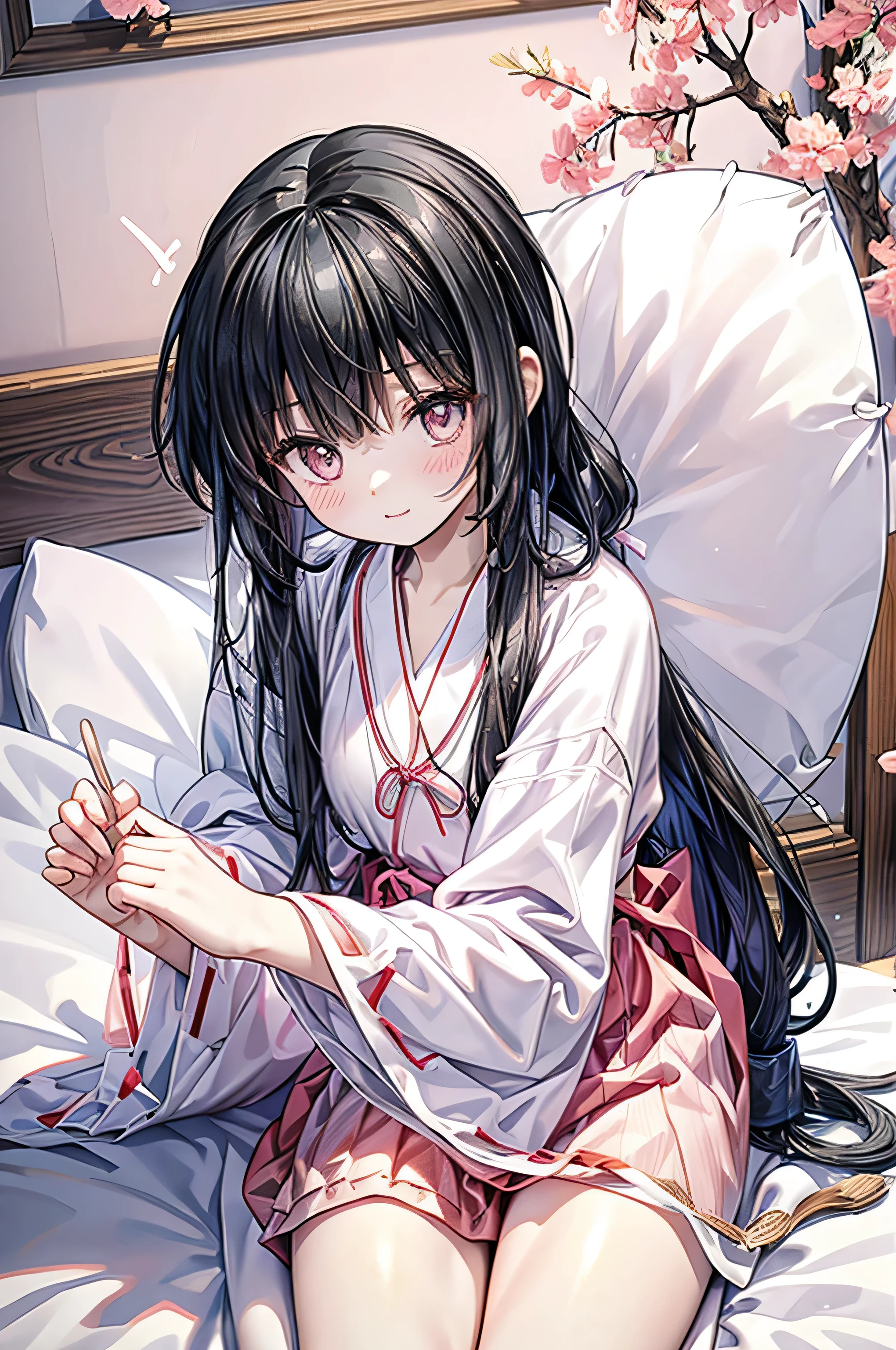 girl in pink pajamas、Black Hair、 sleeping in bed 、 cute face