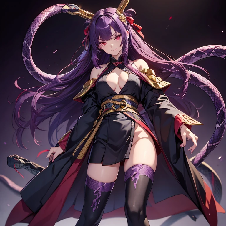 (Ultra Detailed), ( full body ),( best quality ), (perfect anatomy),  a sexy young woman with long purple hair and red eyes , young and beautiful, short stature, ((( long purple hair with snake tips ))),  red eyes,  sharp canines and a black mark near the tip of her tongue.
 She wears a short summer kimono with a neckline, Black knee high socks,  red ribbon in the hair, golden belt, (black and red clothes), (standing), (neutral background), (perfect anatomy), ( very detailed ), 