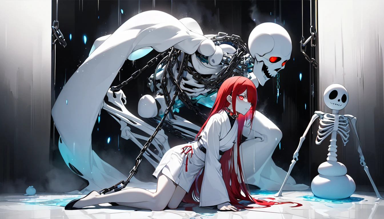 to-ka( tokyo ghoul ), ishida sui, water color, amazing, detailed glowing odd eyes, red and white clothes, half cyborg body, studio lighting, cyberpunk, young girl, white and red hair, odd eyes, killer machine, foggy atsmophere, summoning a gigantic ghostly snowman and skeleton from the ground, (straddle the gigantic ghostly snowman:1.2), Toyko Ghoul, BREAK Highest Quality, Highest Resolution, Detailed and crisp image quality, Super Retina, Adult sex appeal, melancholy, Feeling of weakness, Detailed and complex, Colorful, Transparent full color coating, Light and Dark, High Contrast, aesthetic, Full Body Shot, dynamic pose, 16K((ultra-detailed)), (humid room), (chained attaching to collar:1.2), extreme detailed, colorful, highest detailed, waki kimono odori, Swinging her chains, she goes wild, Hyakki Yagyō, depth of field