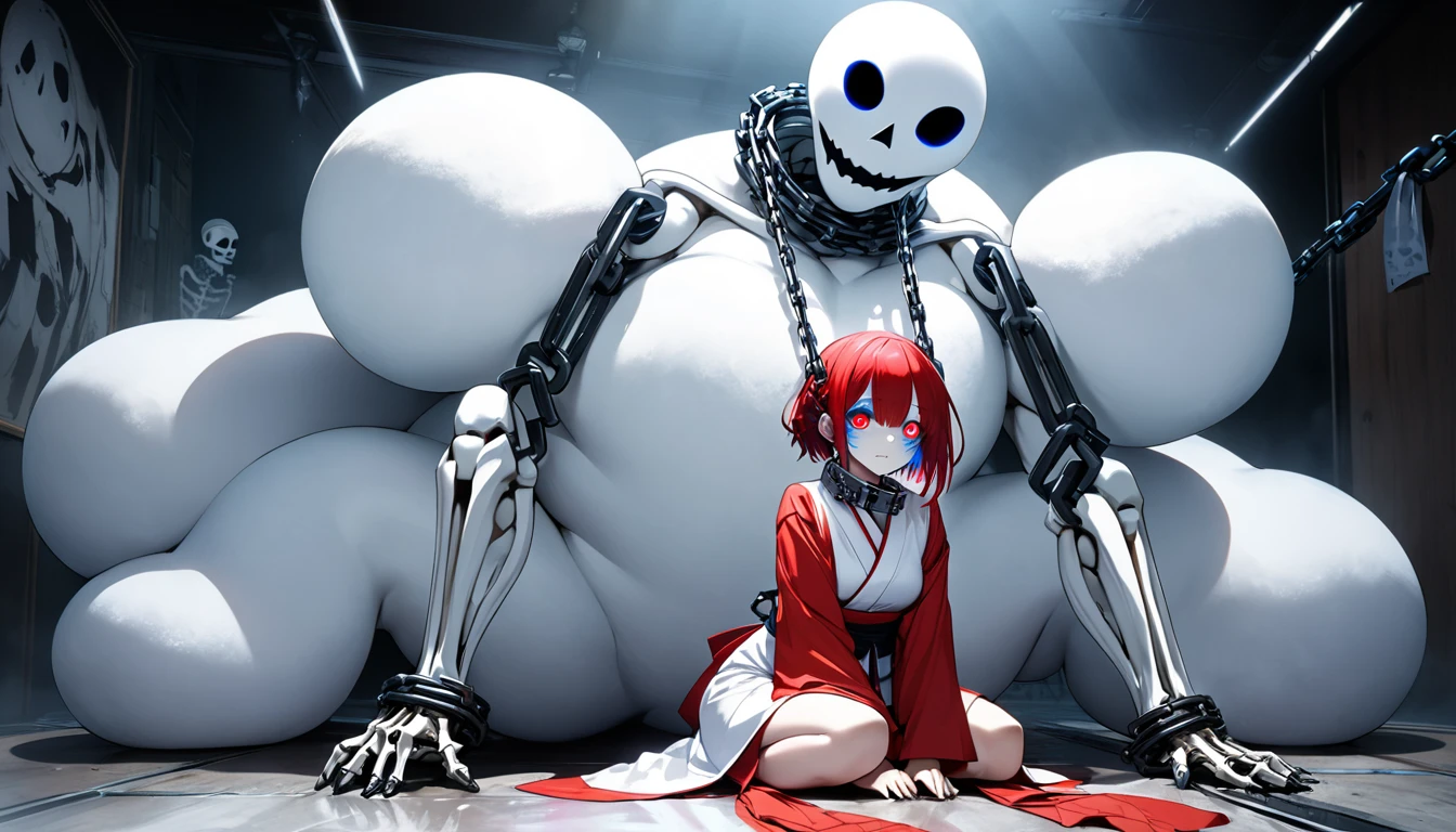 to-ka( tokyo ghoul ), ishida sui, water color, amazing, detailed glowing odd eyes, red and white clothes, half cyborg body, studio lighting, cyberpunk, young girl, white and red hair, odd eyes, killer machine, foggy atsmophere, summoning a gigantic ghostly snowman and skeleton from the ground, (straddle the gigantic ghostly snowman:1.2), Toyko Ghoul, BREAK Highest Quality, Highest Resolution, Detailed and crisp image quality, Super Retina, Adult sex appeal, melancholy, Feeling of weakness, Detailed and complex, Colorful, Transparent full color coating, Light and Dark, High Contrast, aesthetic, Full Body Shot, dynamic pose, 16K((ultra-detailed)), (humid room), (chained attaching to collar:1.2), extreme detailed, colorful, highest detailed, waki kimono odori, Swinging her chains, she goes wild, Hyakki Yagyō, depth of field