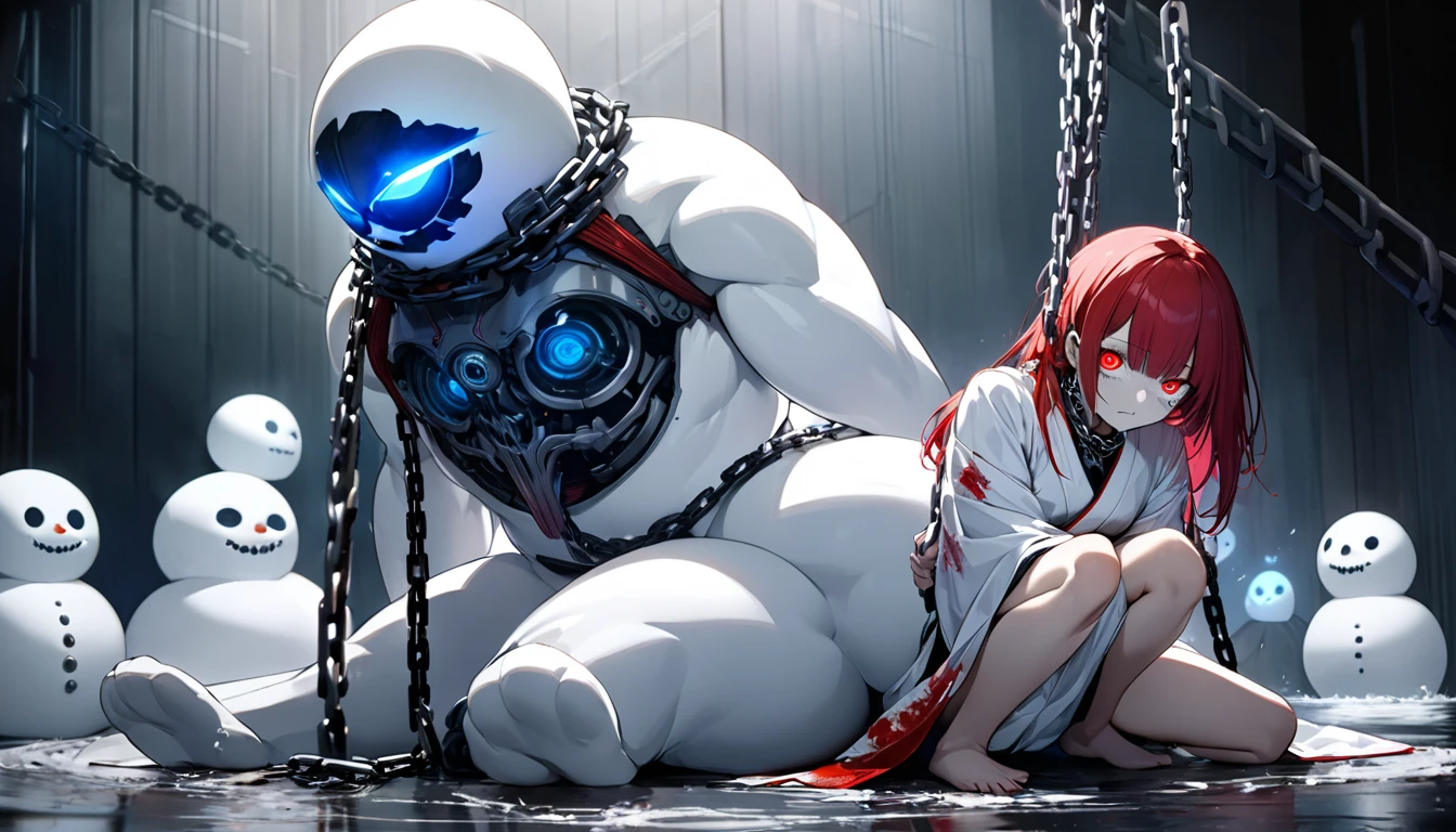 to-ka( tokyo ghoul ), ishida sui, water color, amazing, detailed glowing odd eyes, red and white clothes, half cyborg body, studio lighting, cyberpunk, young girl, white and red hair, odd eyes, killer machine, foggy atsmophere, summoning a gigantic ghostly snowman and skeleton from the ground, (straddle the gigantic ghostly snowman:1.2), Toyko Ghoul, BREAK Highest Quality, Highest Resolution, Detailed and crisp image quality, Super Retina, Adult sex appeal, melancholy, Feeling of weakness, Detailed and complex, Colorful, Transparent full color coating, Light and Dark, High Contrast, aesthetic, Full Body Shot, dynamic pose, 16K((ultra-detailed)), (humid room), (chained attaching to collar:1.2), extreme detailed, colorful, highest detailed, waki kimono odori, Swinging her chains, she goes wild, Hyakki Yagyō, depth of field