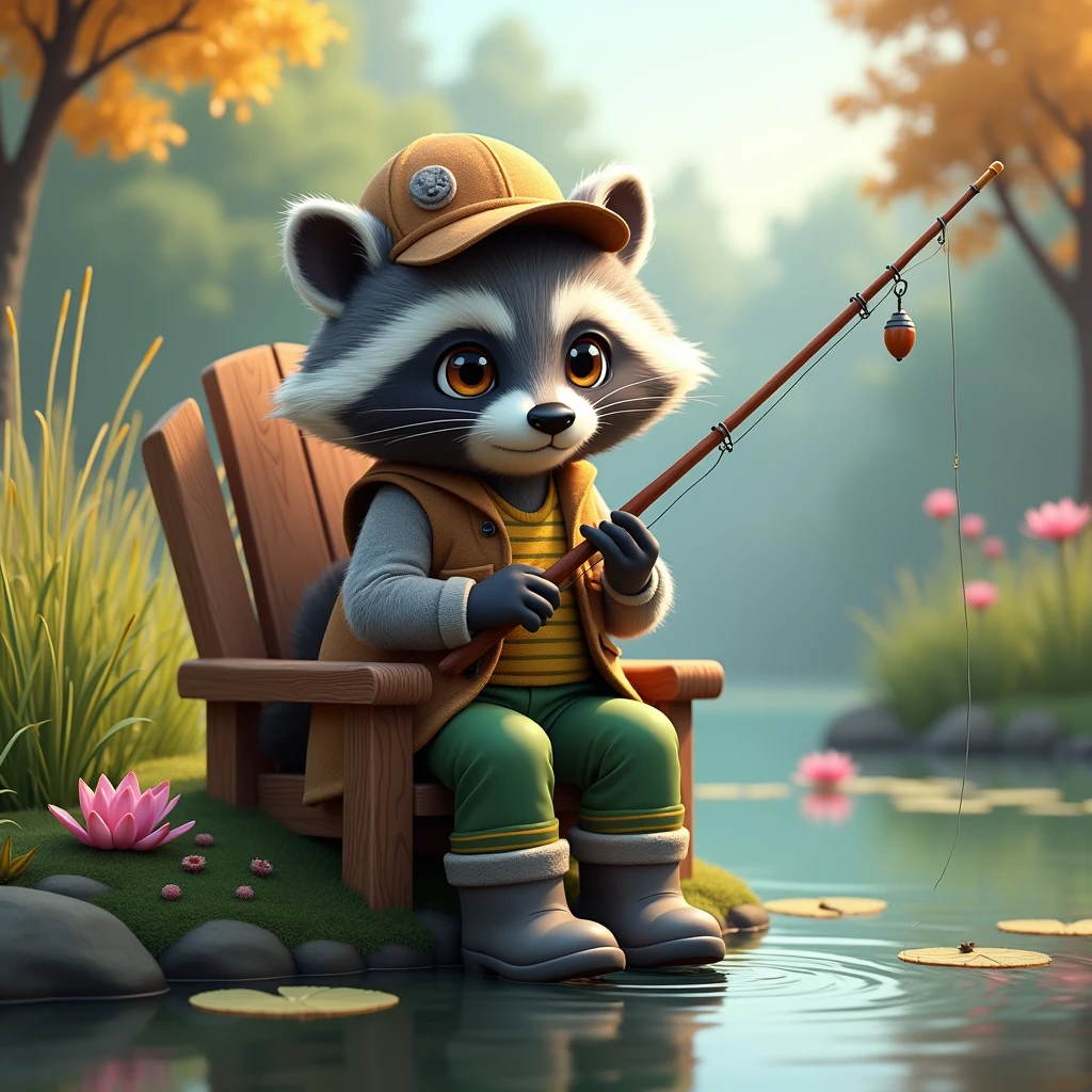  Raccoon with big beautiful eyes Beautiful with Smooth Fur sits on a wooden chair with his hands Holds a fishing rod fish in a pond with reeds and water lilies,  Clothing A vest with hooks on a vest ,  The hat in it is a fixed float ,  Green pants with yellow stripes ,  on his feet he wears warm gray boots ,  a float on a fishing line The water ripples , Fishing line and trees beautiful colors , rich colors , 8 k, style cartoon,  better quality , Maximum Details,  Complex Details ,