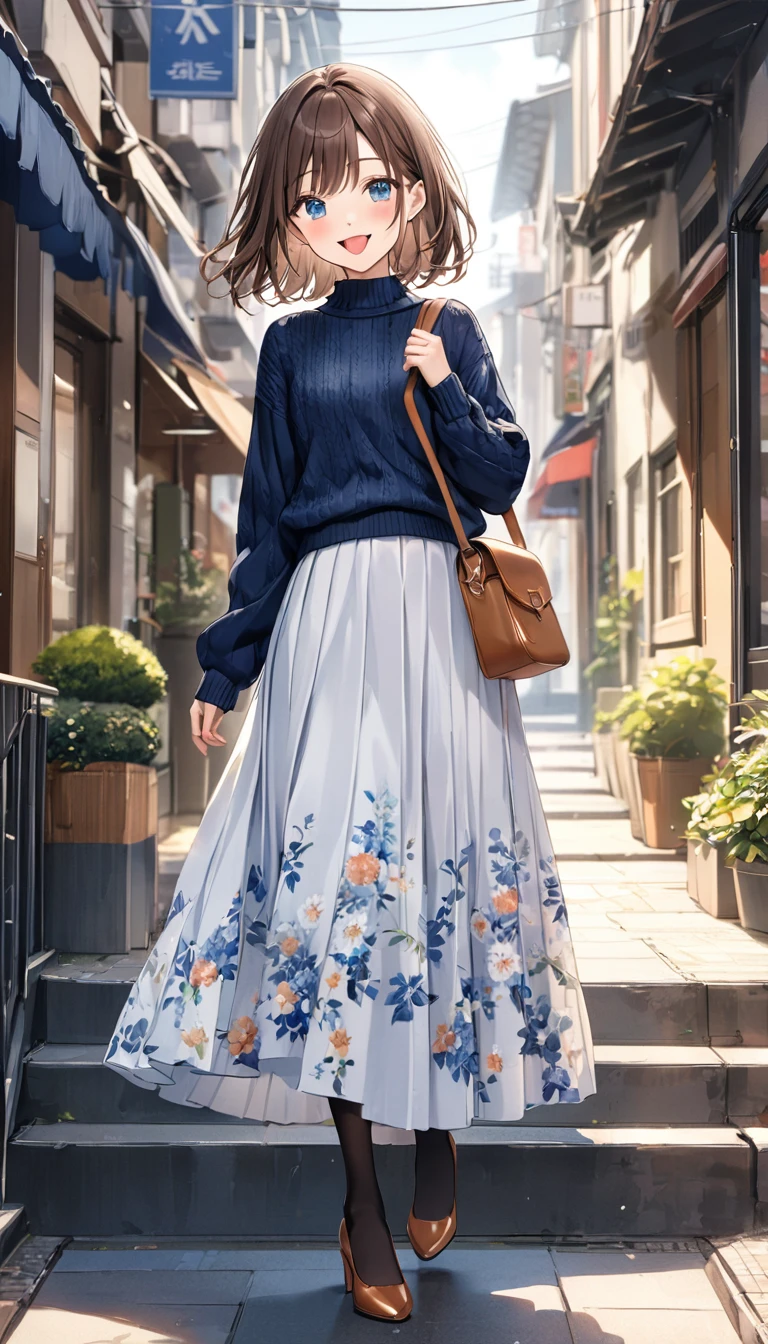 full body、 best quality,High image quality,masterpiece,  casual, dark blue ((sweater)), One person, very cute girl sticking out her tongue on the stairs、Complex pupil,  Deep Blue Eyes , smile, open mouth, blush, ((small breasts)), Medium Hair, Brown Hair, Right-parted bangs,  White Skirt, Floral Skirt,( long skirt),  Navy pantyhose, pumps,   Detailed Fabric Texture , city,Building Street,standing、 blurry background、 shoulder bag like one、