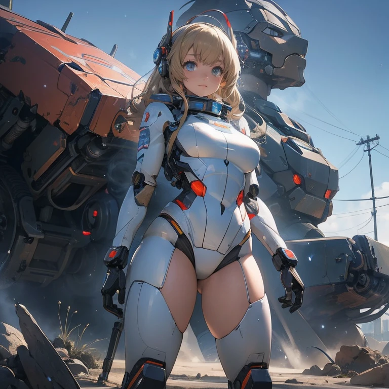 (8k, Realistic, RAW Photos, Highest quality, (from below:2), View your viewers: 1.3), (Fox Girl, Fox Ears, Silver Hair, One Girl, Long Hair, (Alone on the screen, dark skin), High definition:1.6), (mecha musume, Machinery Parts,Robot Joints, (White and red clothes, Full body mechanical suit):1.8), (Body measurements are 99-55-77!, Nice body, Big Breasts, slender, muscle, (Place your right hand on your right knee, Place your left hand on your left hip, bent over):1.9),(美しいface, Delicate drawing, It is written down in detail), Avatar, face, 色っぽいface, Dominant representation, naughty face, Uplifting, Skin Texture, outside, ruins, Ruined City, Broken Building, There are no people