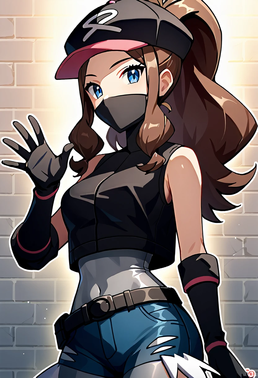 score_9, score_8_up, score_7_up, score_6_up, source_anime, 1girl, solo, ((pmpgrunt)),pokemonhilda, blue eyes, brown hair, long hair, ponytail, black beret, black mouth mask, black vest, grey bodysuit, black belt, black gloves, medium breasts, looking at viewer, (waving hand), empty eyes, mind control, happy trance, legs,cowboy shot,brick wall