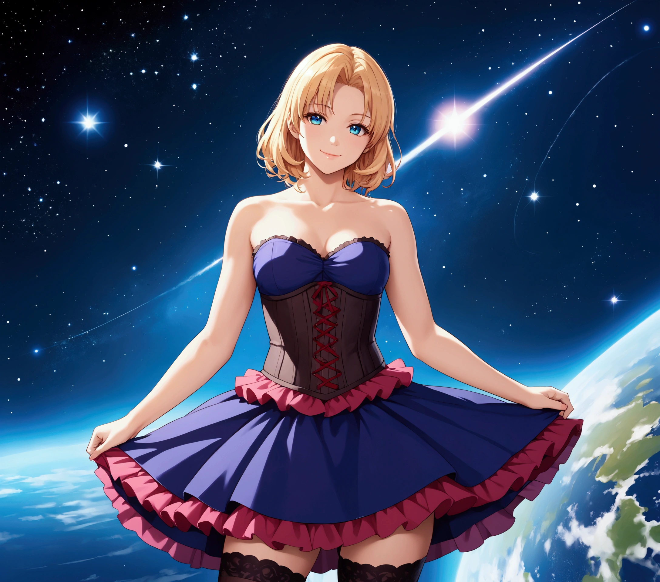 (masterpiece, best quality:1.2), cowboy shot, solo, 1girl, sheryl nome, smile, closed mouth, looking at viewer, strapless dress, corset, layered skirt, thighhighs, bare shoulders, outer space, star (sky)