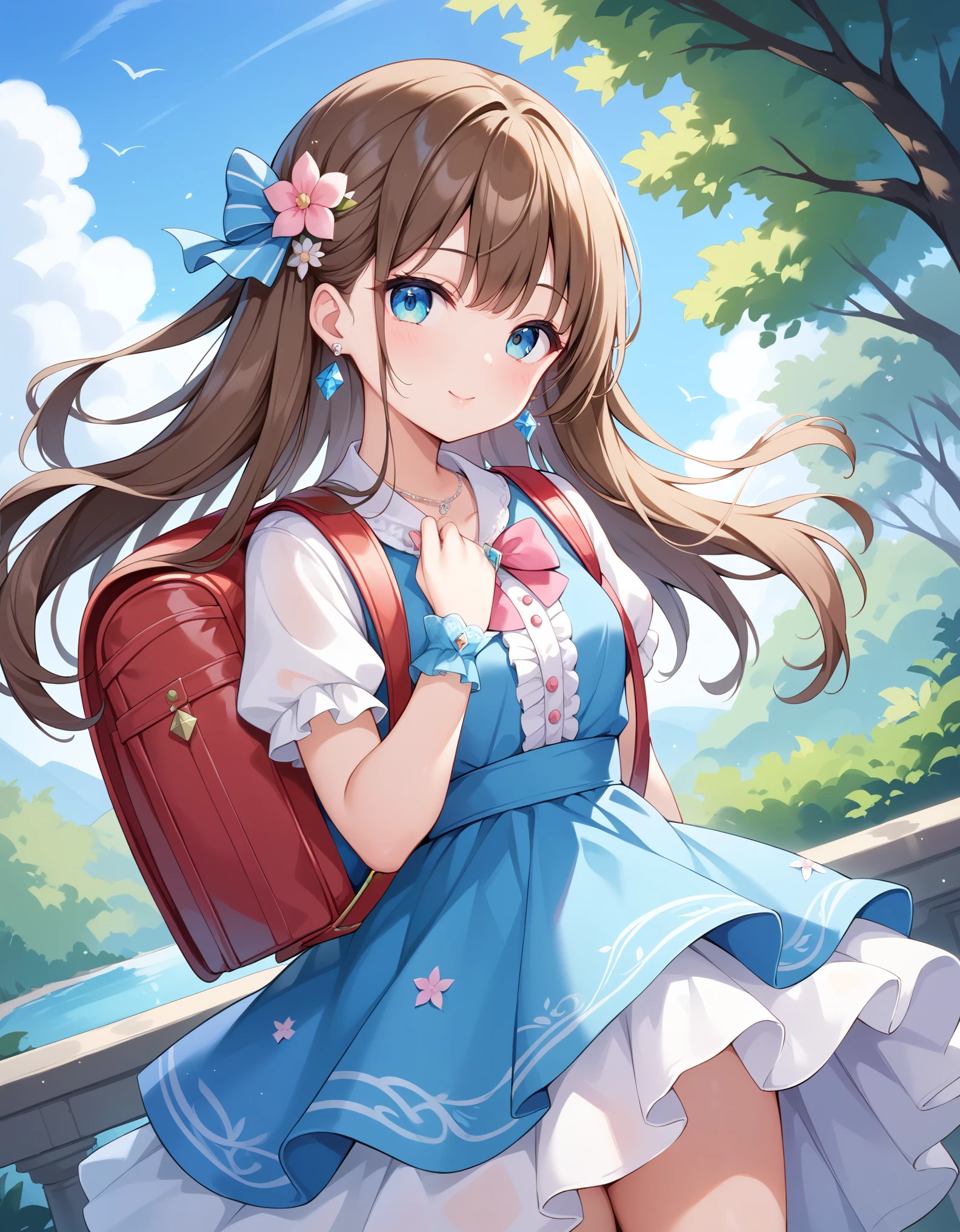 Masterpiece, hd, best quality, there is a girl standing in a blue dress ...