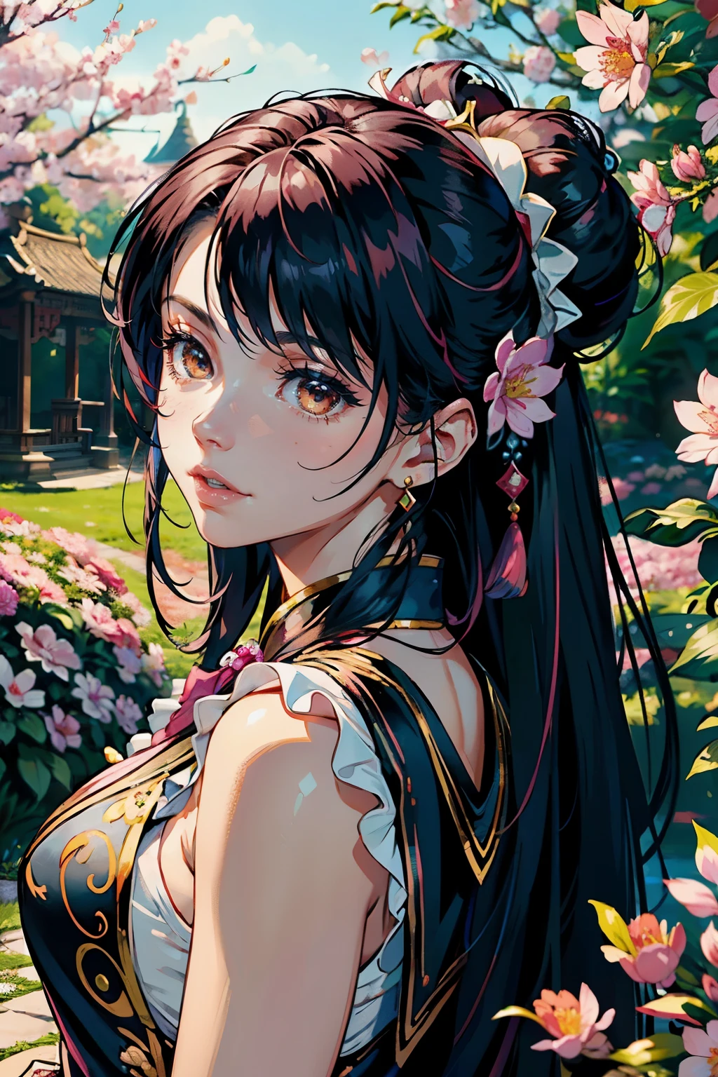 A beautiful Indonesian model with long, flowing hair and vibrant pink pink silk Chinese traditional dress, standing gracefully in a lush garden surrounded by colorful flowers, sakura blossoms, and butterflies. The model has detailed facial features including bright brown eyes, rosy lips, and an enchanting smile. The scene is rendered in a realistic, photorealistic style with acrylic painting medium, high resolution, and masterpiece quality. Additional details include the model's intricate hair accessories, soft pastel-colored shading, and a fairytale-like background, Double hair buns, sailor moon hair style.
