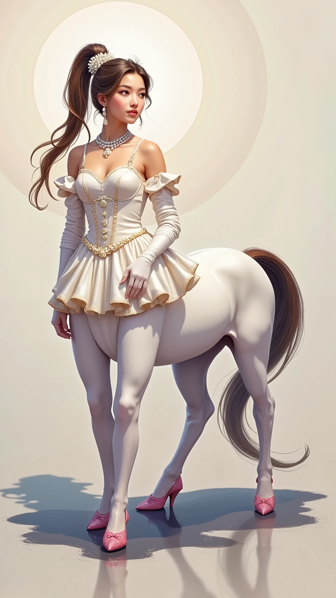 1Centaur Girl,((masterpiece)), best quality,absurd, super detailed,Oriental faces,(whole body:1.5), golden ratio , super cute beautiful Asian Edoo girl , very beautiful bright violet eyes , beautiful colorful shiny brown hair ,High Ponytail,Good figure,fit, perfect figure ,( wears a stately and exquisite royal Cinderella court evening dress:1.5), huge puff sleeves and hourglass waist ,Embellished with bows ,Embroidery and jewelry, long white gloves , pearl necklace and earrings ,beautiful hair accessories,( pink crystal heels :1.8),Dark theme elements , pencil sketch ,(Rococo style, , modern, Ultra HD, anatomically correct , Accurate, Textured Skin , 8K)