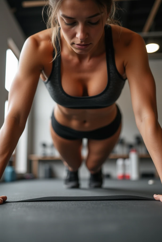 A close-up shot of a woman's physique as she performs pushups on a gray rubberized exercise mat. Her small breasts are prominently displayed due to the cropped top and her cleavage is visible between the edges of the fabric. She wears tiny shorts that highlight her toned legs. The camera angle emphasizes her defined arms, shoulders, and torso, with the background blurred out to focus attention on her physical form.
