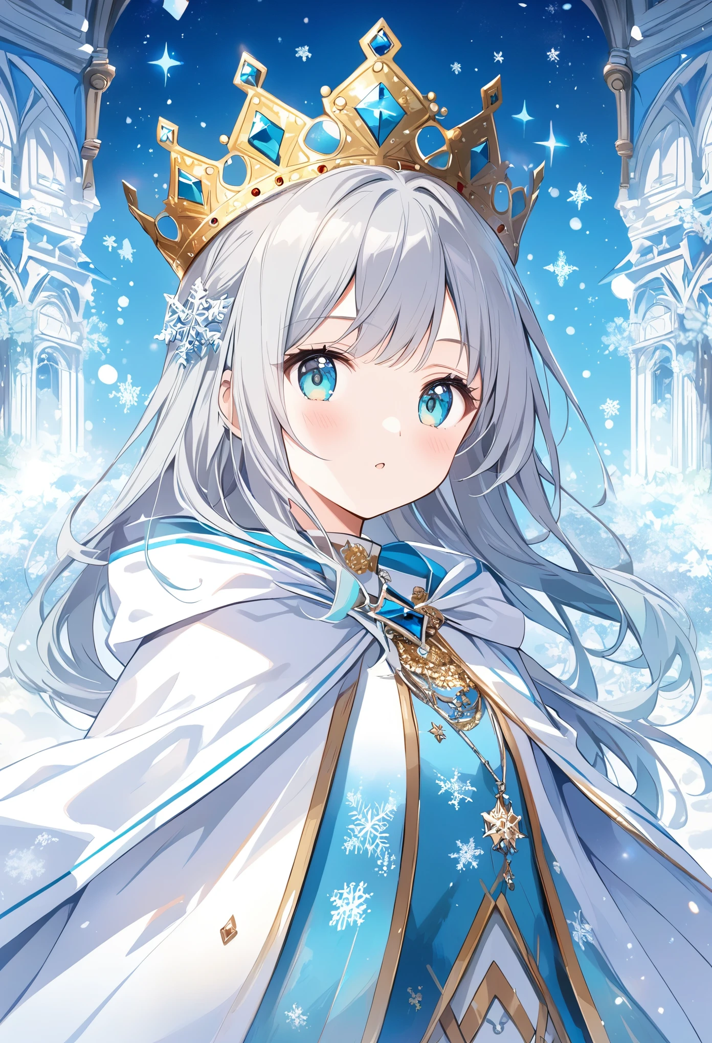  thin and soft painting style、Alone,１ girls,crown、 crowns、blue and white cloak with snowflake pattern、Gray Hair、Aquamarine Eyes、Queen,cute,Fantastic Background