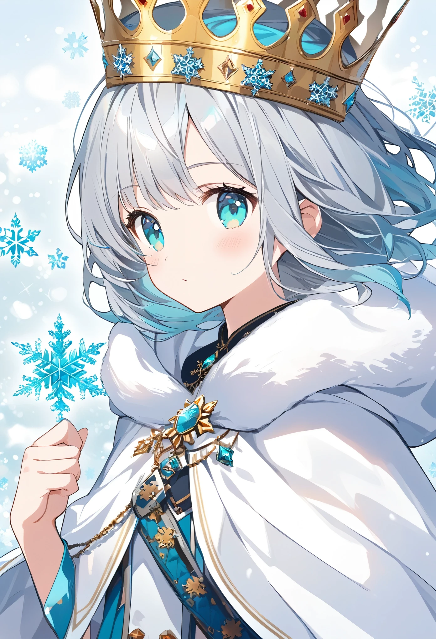  thin and soft painting style、Alone,１ girls,crown、 crowns、blue and white cloak with snowflake pattern、Gray Hair、Aquamarine Eyes、Queen,cute,Fantastic Background