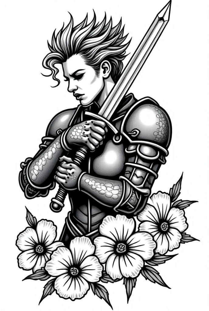 I would like a full forearm tattoo design, I would like there to be two main characters and the rest to be with lines or figures to give harmony to the tattoo, The main characters I would like to be there are Riven, The League of Legends character in his original skin with his sword, I would also like there to be a dog but a little apart, since I plan to put my own