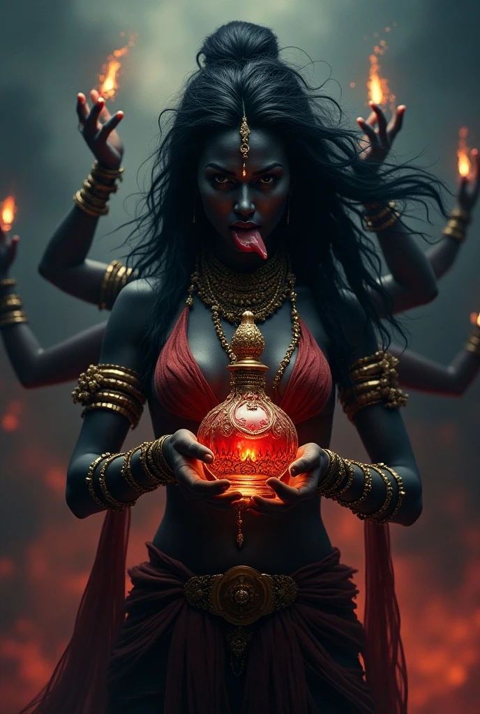 Highly detailed image, front facing sexy  goddess semi nude squatting kali mata with her tounge out, ten arms, dildo and asur  in each hands, in trance, big boobs hanging down jiggling while  lord shiva with his penis, penetratinh her from behind, squeezing breast his snake is coming out between her legs touching her  vagina 