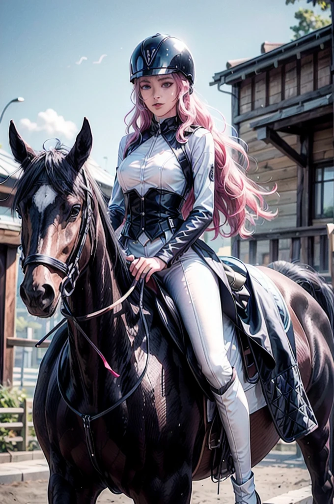 Masterpiece, Young Beautiful Girl has long pink hair, and sky blue eyes, 1girl, AS-Adult, long-haired, pinkhair, wavy hair, small-breast. Wavy hair. Sky blue eyes, no bangs, symmetrical face. Wearing equitation_outfit, wearing helmet, riding a horse,ultra detailed (Best Illustration), (beautiful-detailed eyes), (Best Quality Face, Fingers), Symmetrical, smooth, sharp focus, illustration, realistic, artstation, award winning photography, octane render, cinematic lighting from the right, hyper realism, octane render, 8k, depth of field, 3D. She is riding a black horse. She looks at the viewer. Background outside a stable