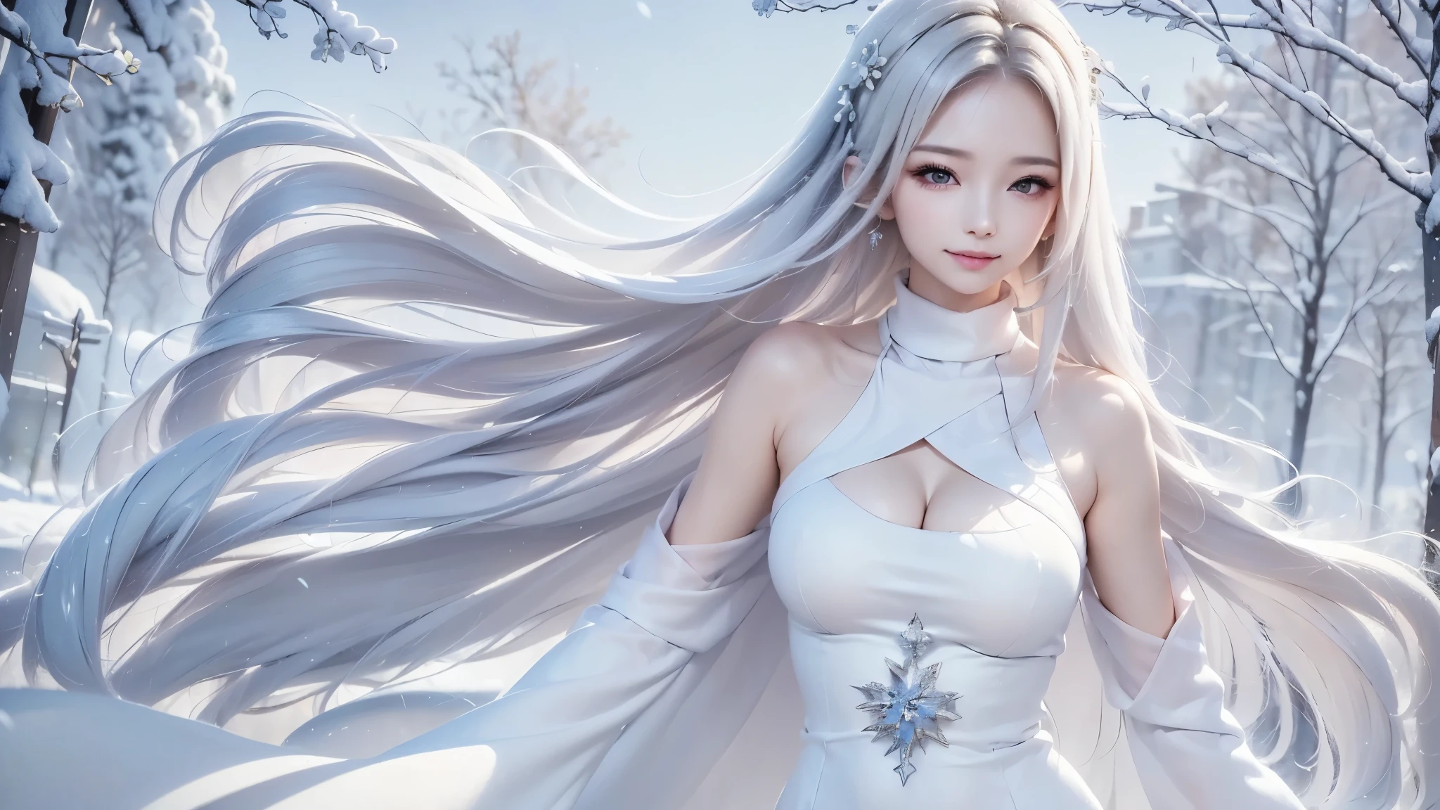 2.8D illustration, ((masterpiece:1.5、8k、Portraiture、Photorealistic and very detailed CG、Very detailed、Particle Effects、Dynamic Effects、Shallow depth of field、Cinematic Light、Lens flare、Ray Tracing、Tabletop、Realistic:1.4、Ultra-high resolution:1.2、Realistic、Realistic))((alone、,A woman wearing a cashmere coat:1.4、Elegant woman posing、Detailed face、brightexpression、young, bright, Whiter skin、Ample breasts、Best Looks、Ultimate beauty、Shiny silver hair with highlights、bright and shiny hair,、Super long, Silky straight hair、Hair dancing in the wind))(morning、The setting is outdoors in the snow、Surrounded by illuminations). winter girl. face:sweet girl.
