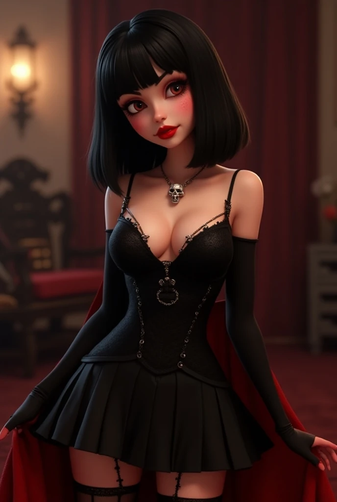 a sexy curvy asian woman, dark background, studio lighting, gothic dress, church, cleavage, chain accesories, sitting on a chair, black shoes