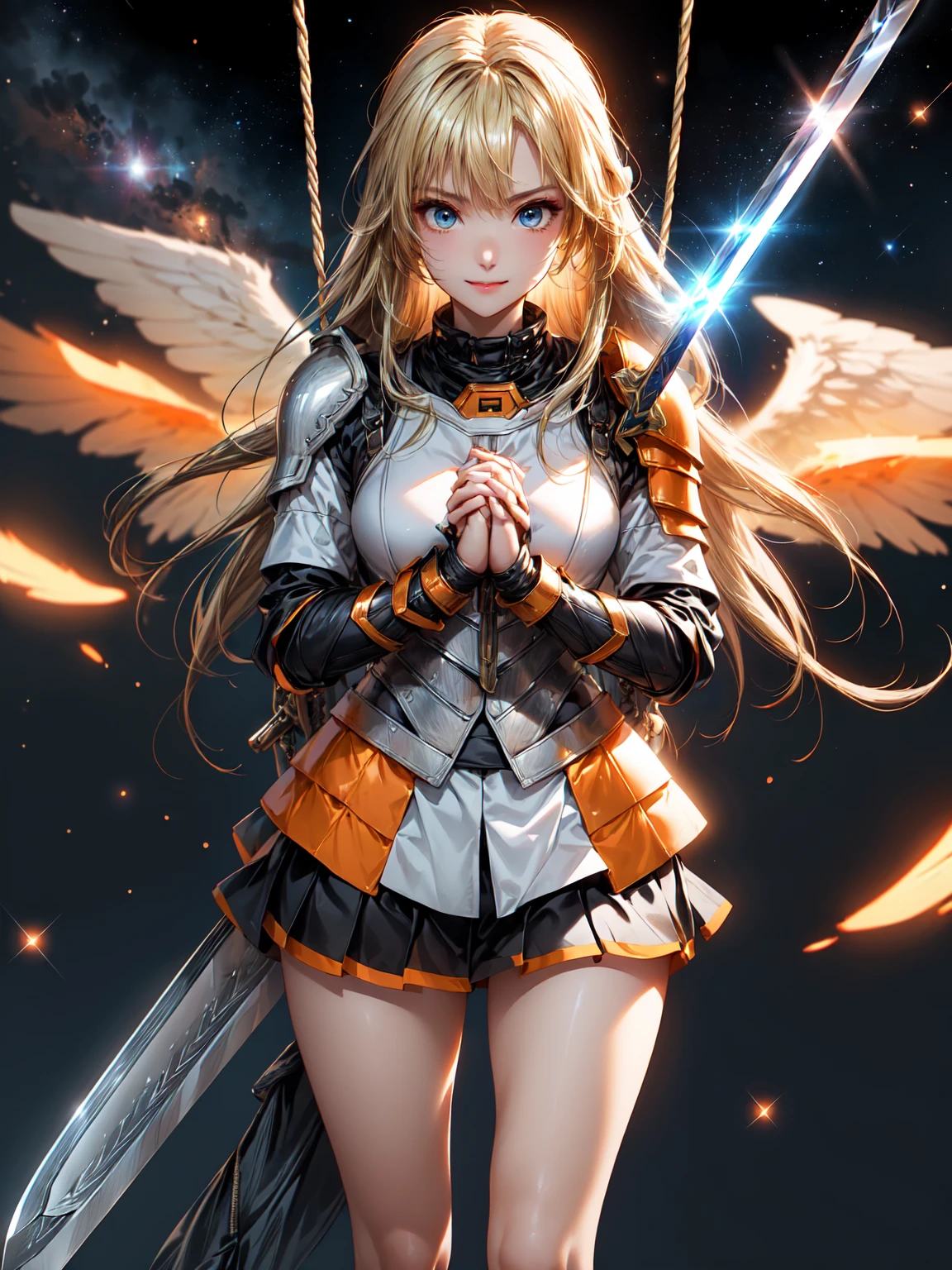 Idol,  mature face、Battle Pose 、Tall、(Swing up your sword with both hands  : 1.9)、( blonde long hair  : 1.5), ( colorful and flashy orange armor combat suit in a miniskirt : 1.5), (stand up : 1.3), ( charming eyes :1.3)、 beautiful blonde ,  blue eyes、The best smile、(Space and thunder background  : 1.3),（masterpiece:1.0),(Best Quality:1.0), 超 High image quality,4K,  very detailed, High image quality,  Kodak Portrait 400  ,  Film Grain,  lens flare glow  , highest quality, 8k,  Portrait Shot  ,8k、  viewer , (((Front View))), ((facing))、(  the screen is facing the front  : 1.5)、  small face with 6 wings, Best Quality、 Super beautiful images、Best Quality, Anime Style, Facial beauty, masterpiece、 Hi-Res、The best eyes, Beautiful Makeup、Top view