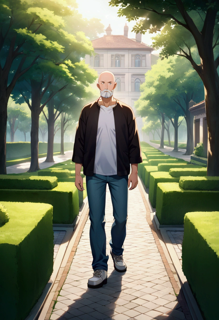 A wise-looking elderly man with a bald top and thick, white hair projecting to the sides stands thoughtfully in a lush, peaceful garden setting. His short, neatly trimmed beard and intense eyes give him a look of both strength and wisdom, hinting at a life full of experiences. He wears casual attire: a light, open jacket over a simple dark t-shirt, paired with comfortable jeans and worn, sturdy shoes, adding a grounded, approachable feel to his appearance. The garden around him is vibrant and meticulously maintained, with rows of dense, green bushes lining a paved stone path. Trees with thick canopies provide shade, while sunlight filters softly through the leaves, casting dappled light across the ground. A quiet fountain gurgles nearby, and benches are scattered along the path, inviting passersby to pause and reflect. In the distance, the outline of an elegant old building is partially visible, adding a hint of timeless charm to the serene environment.