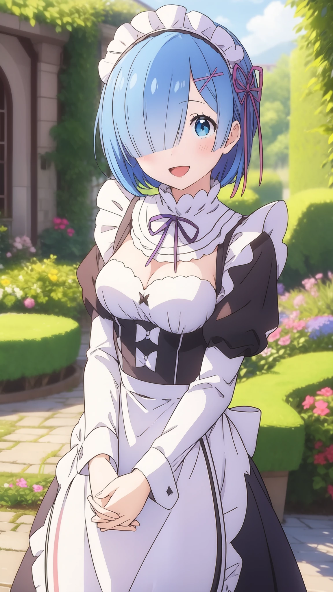 anime, hdr, soft light, ((best quality)), ((masterpiece)), (detailed), IncrsHoldingHandsPov, holding hands, pov hands, remrin, blue hair, hair over one eye, medium breasts, maid, purple ribbon, maid headdress, roswaal mansion maid uniform, white apron, detached sleeves, looking at viewer, :d, outdoors, garden