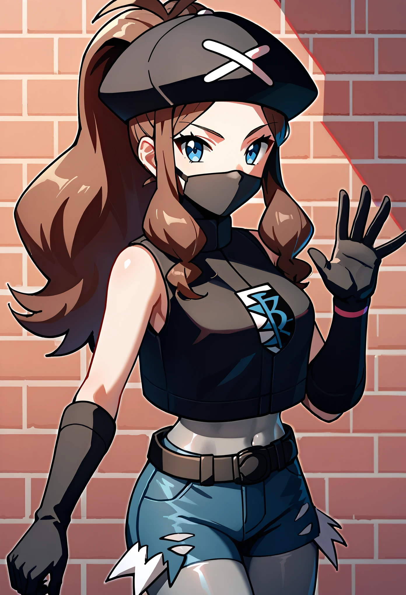 score_9, score_8_up, score_7_up, score_6_up, source_anime, 1girl, solo, ((pmpgrunt)),pokemonhilda, blue eyes, brown hair, long hair, ponytail, black beret, black mouth mask, black vest, grey bodysuit, black belt, black gloves, medium breasts, looking at viewer, (waving hand), empty eyes, mind control, happy trance, legs,cowboy shot,brick wall