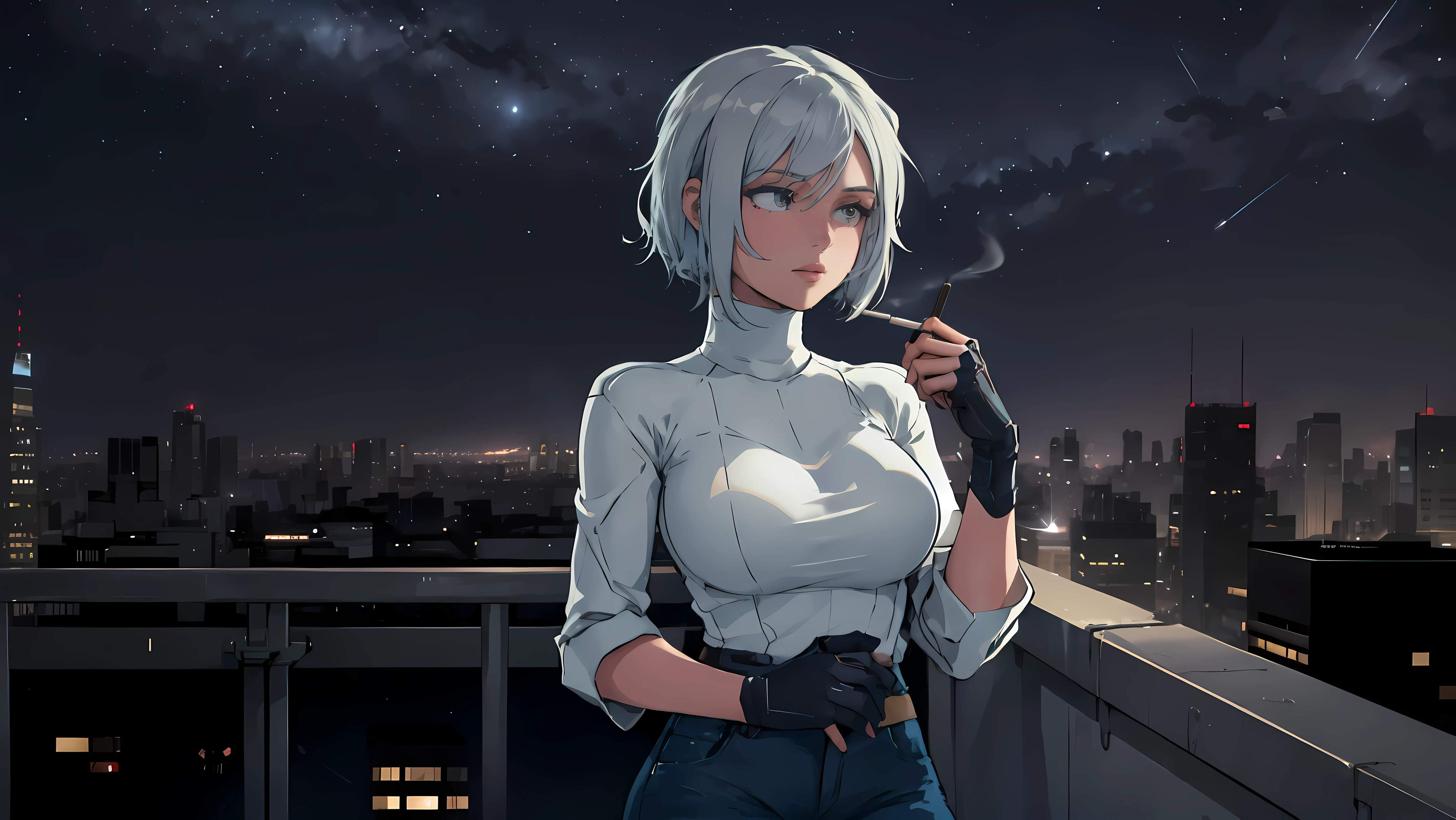 "A young woman with short, grey hair sits on the edge of a rooftop at night, gazing out over a quiet cityscape illuminated by distant city lights. She is wearing a white turtleneck and jeans, with her legs casually folded beneath her as she holds a cigarette in one hand. The sky above is dark and filled with stars, creating a serene yet introspective atmosphere. The warm glow of windows in nearby buildings contrasts with the cool, dim lighting on the rooftop, highlighting her silhouette. The scene evokes a sense of solitude and contemplation under the vast, starlit sky."