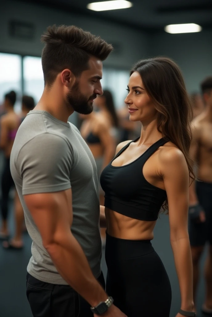 A fit, attractive woman wearing gym attire is holding a dumbbell in one hand, standing confidently. Beside her is a muscular man, also in gym wear, who has his arm around her waist in a protective yet affectionate embrace. The scene is set in a gym with a warm, motivational atmosphere, with both figures exuding strength and confidence.