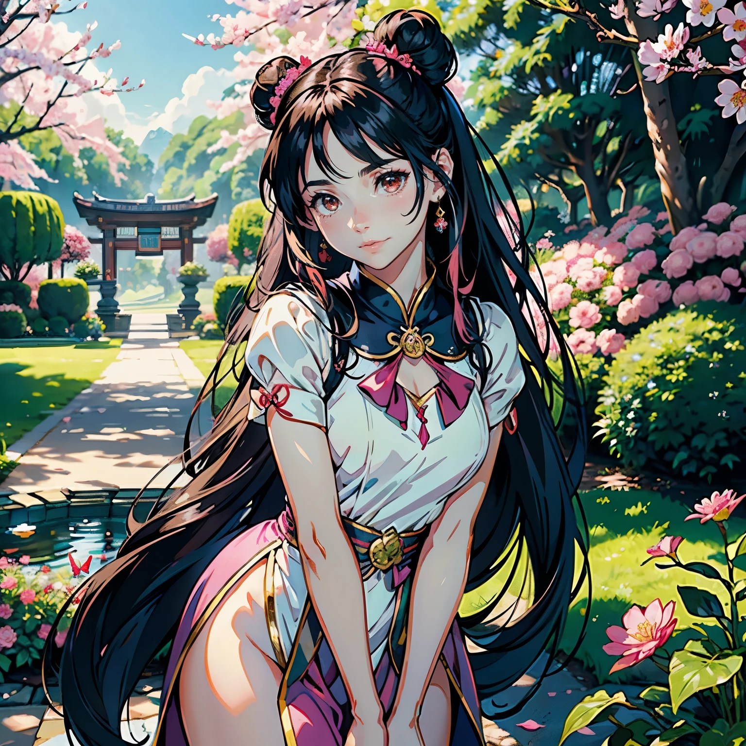 A beautiful Indonesian model with long, flowing hair and vibrant pink pink silk Chinese traditional dress, standing gracefully in a lush garden surrounded by colorful flowers, sakura blossoms, and butterflies. The model has detailed facial features including bright brown eyes, rosy lips, and an enchanting smile. The scene is rendered in a realistic, photorealistic style with acrylic painting medium, high resolution, and masterpiece quality. Additional details include the model's intricate hair accessories, soft pastel-colored shading, and a fairytale-like background, Double hair buns, sailor moon hair style.